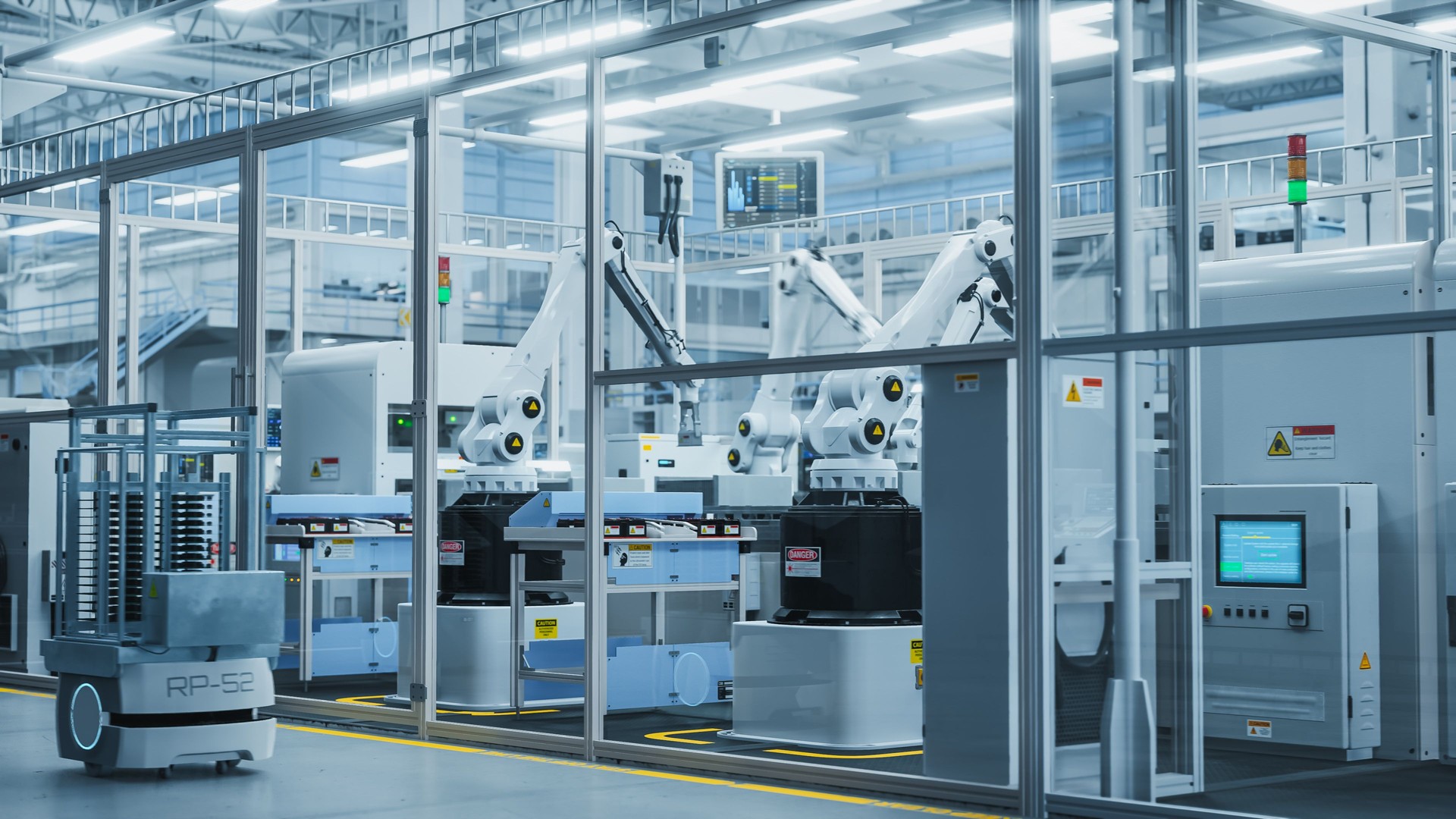 3D Render Of Electronics Components Manufacture: Automated Robotic Arm Assembly Line in Futuristic Facility with Robots Producing Advanced High Tech Sustainable Parts for Information Technology.